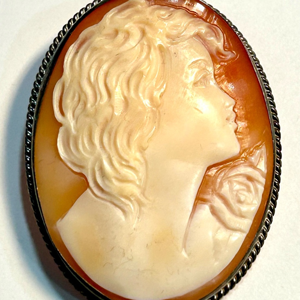 Antique Sterling Cameo Brooch in Cream and Brown 1920’s curved